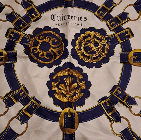 Authentic HERMES Scarf Silk Navy & Yellow